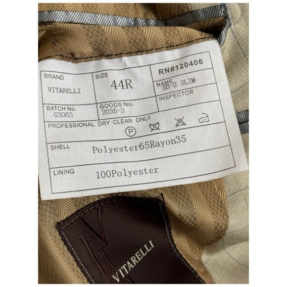 Vitarelli Italian Suit Blazer Jacket Checkered Blue Check on Tan Mens 44R *FLAW - Picture 5 of 11
